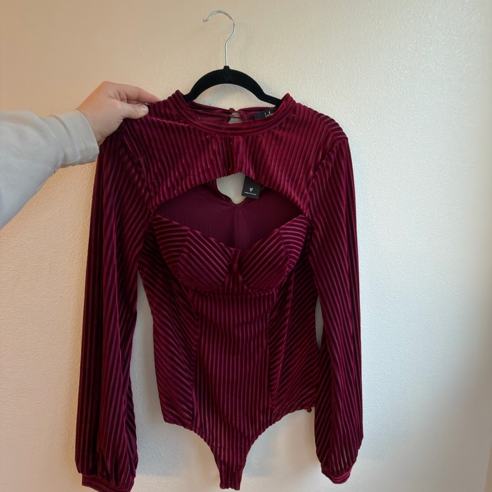 Always Alluring Burgundy Striped Velvet Cutout Bustier Bodysuit | L